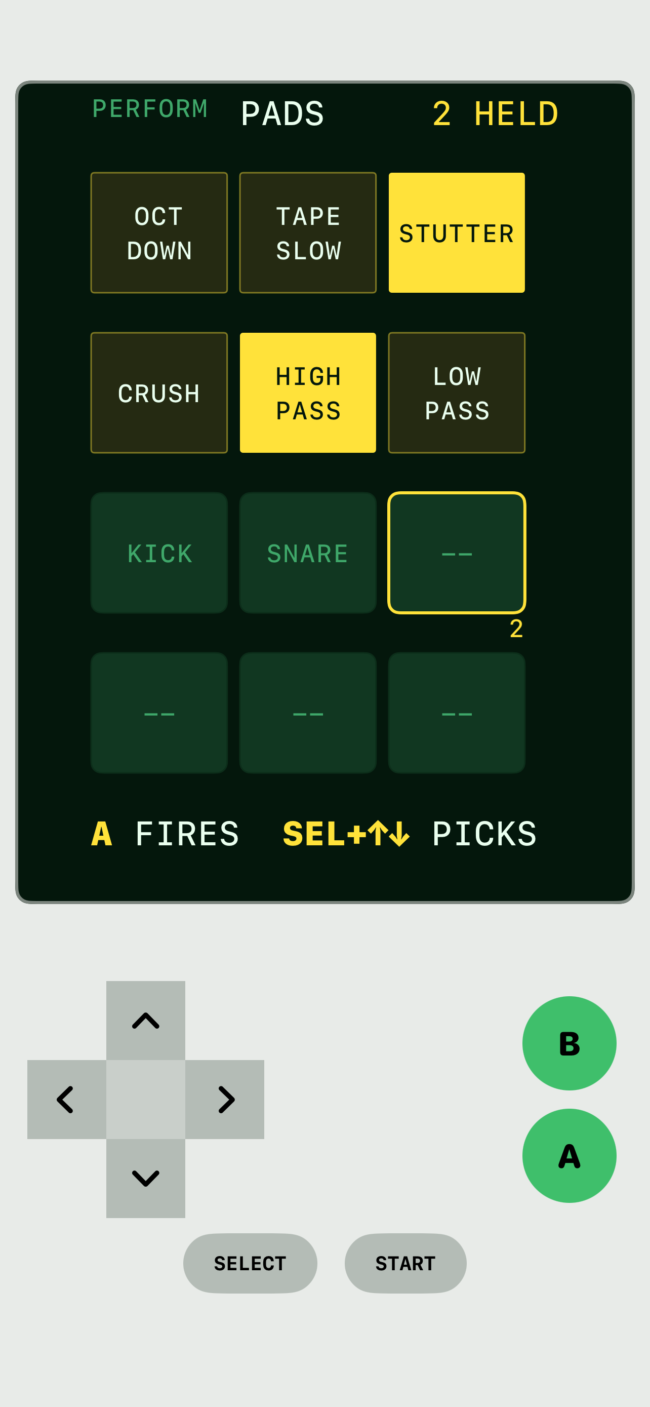 The PADS screen: a grid of punch-in effects and one-shot samples, two held.