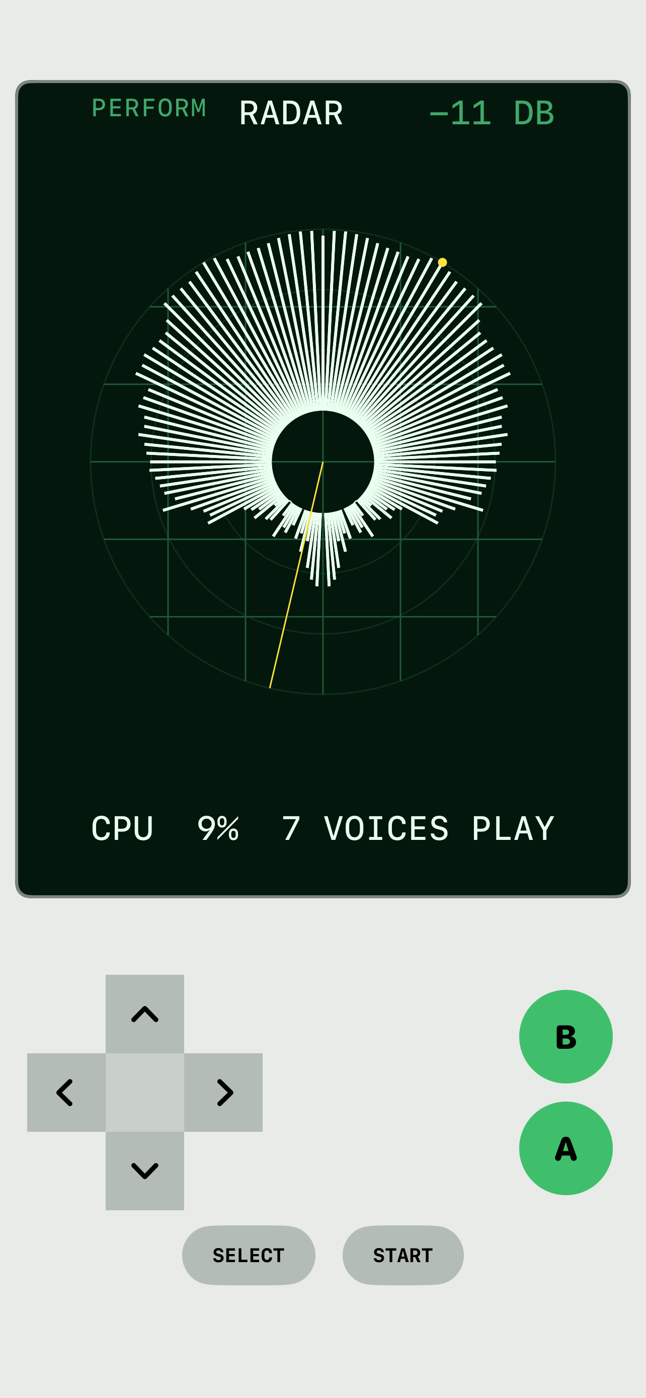 The RADAR visualiser: a frequency starburst sweeping the mix on the console screen.