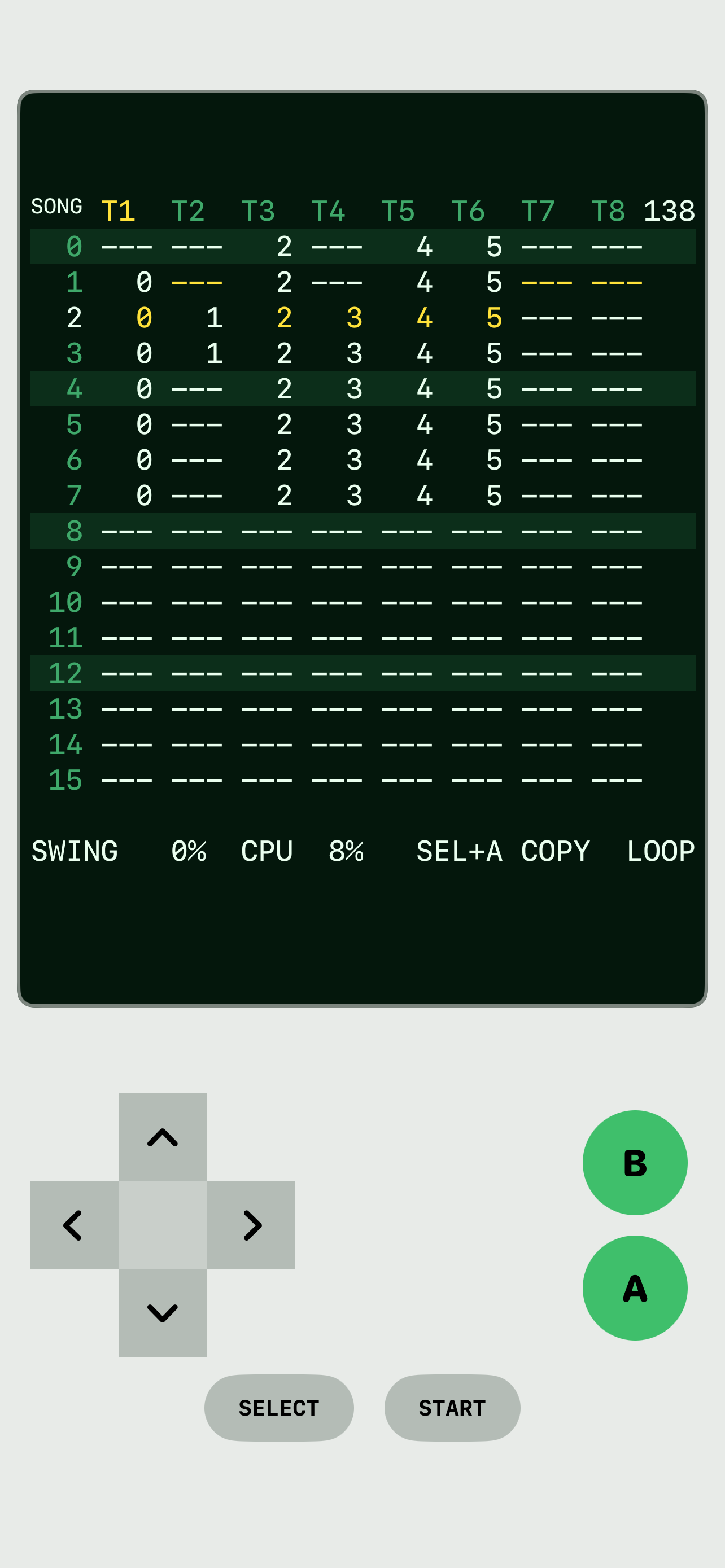 The SONG screen: eight track columns of chains arranged into a song.