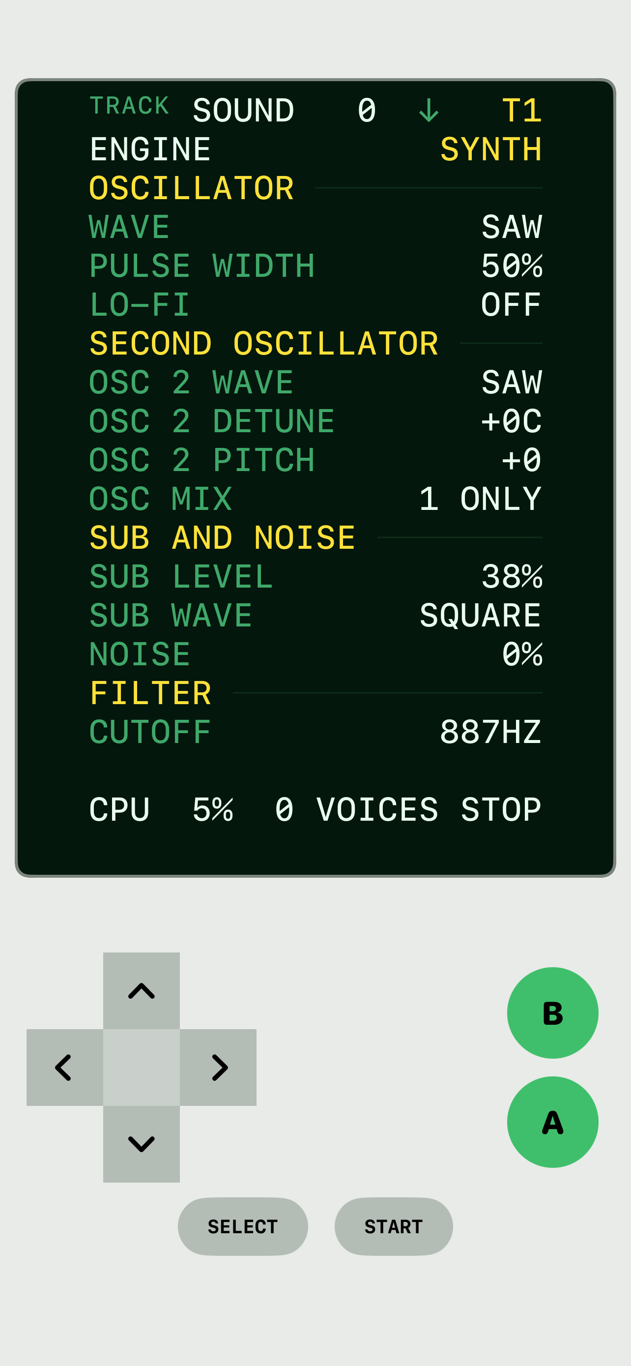 The SOUND engine editor: oscillator, sub, noise and filter parameters for a synth voice.